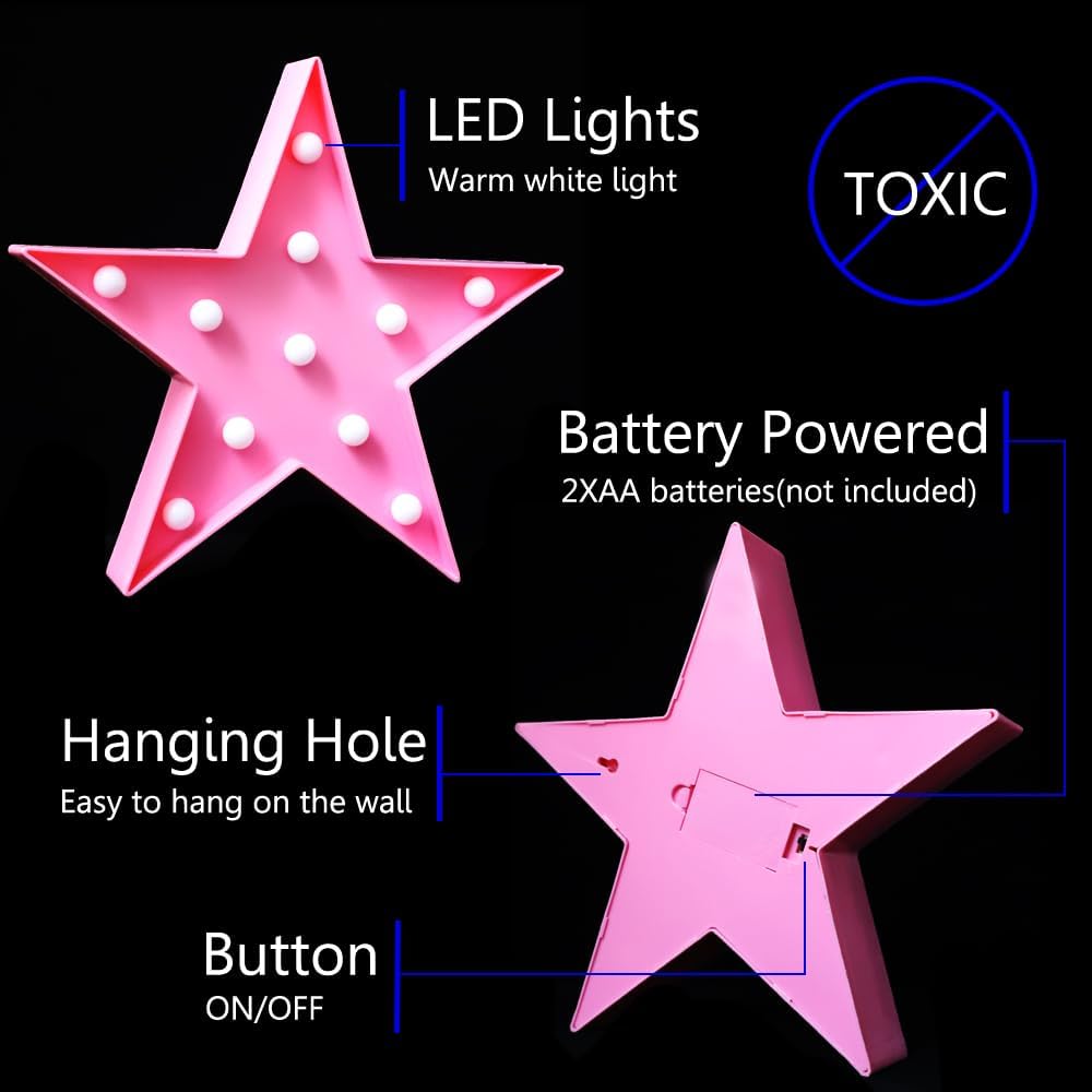 LED Marquee Star Sign Night Light, Battery Operated Star Shaped Desk Table Lamp for Kids, Baby, Child, Girl Gift, Nursery Room, Wall Decor (Pink)