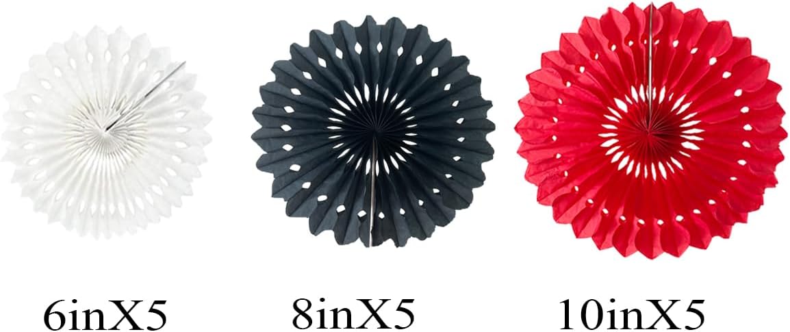 15pcs Paper Fans Set - 6'' 8'' 10'' Round Tissue Fans Decor for Party, Wedding, Birthday Events - White, Red, Black