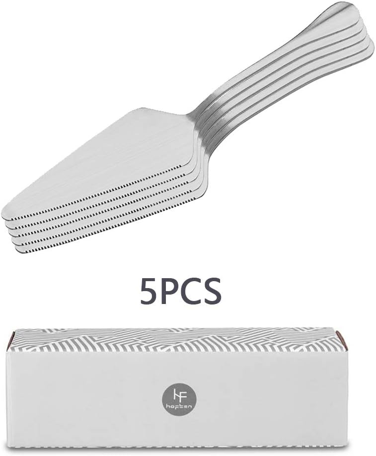 Pie Server Stainless Steel, HOFTEN Cake Pie Pastry Server Set of 5, Professional Dessert Server For Cake Cheese Pie Pizza and more, Serrated Cake Knife (8.93inch Length)