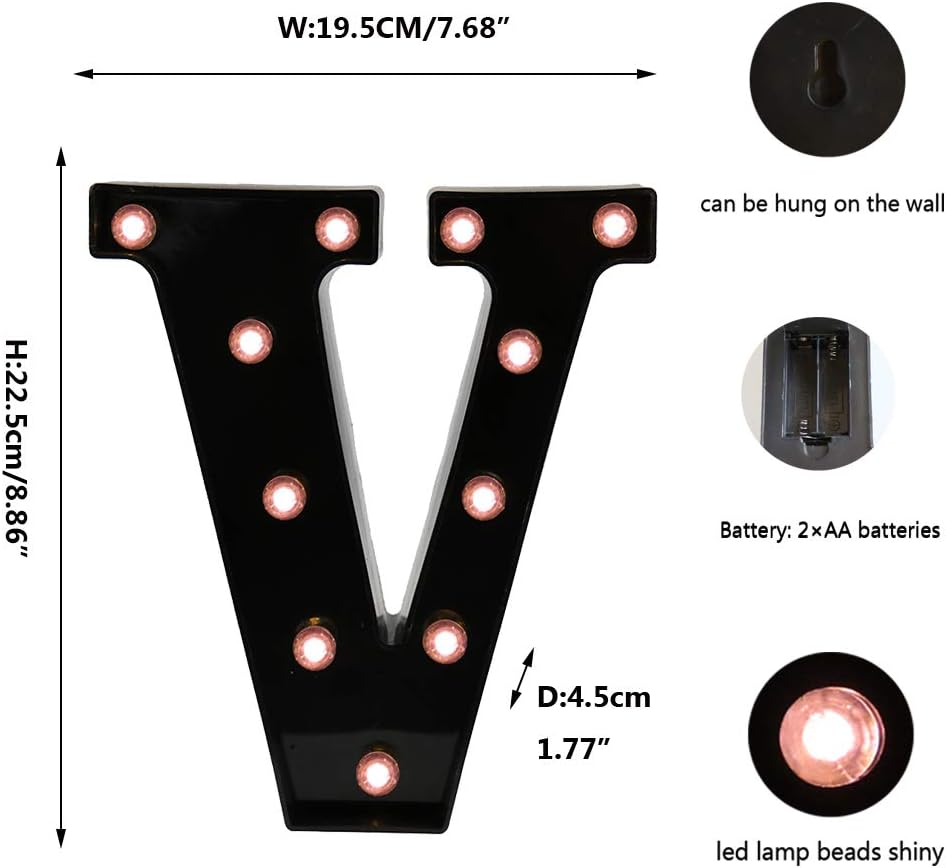 Light Up Black Alphabet Marquee Letters Sign LED Marquee Number Lights Sign for Night Light Home Bar Christmas Lamp Birthday Party Wedding Decoration V