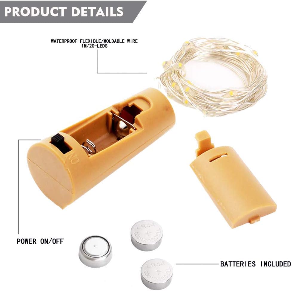 Bottle Lights 12 Pack 20 LEDs Cork Lights for Wine Bottles Battery (Included) Powered Fairy Mini String Lights for DIY Jar Lighting Indoor Bedroom Party Wedding Christmas Halloween Decor (6 Colors)