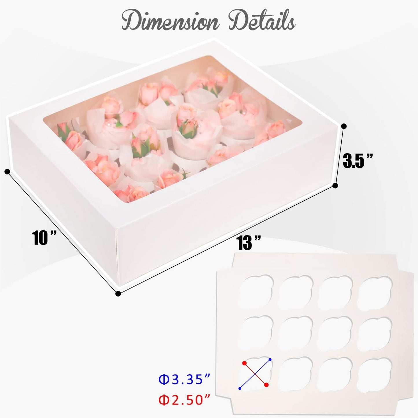 12 Cupcake Containers 12-Packs White Cupcake Box Cupcakes Carrier, 12 Cupcake Boxes with Window 13"x10"x3.5"(Auto-pop up)