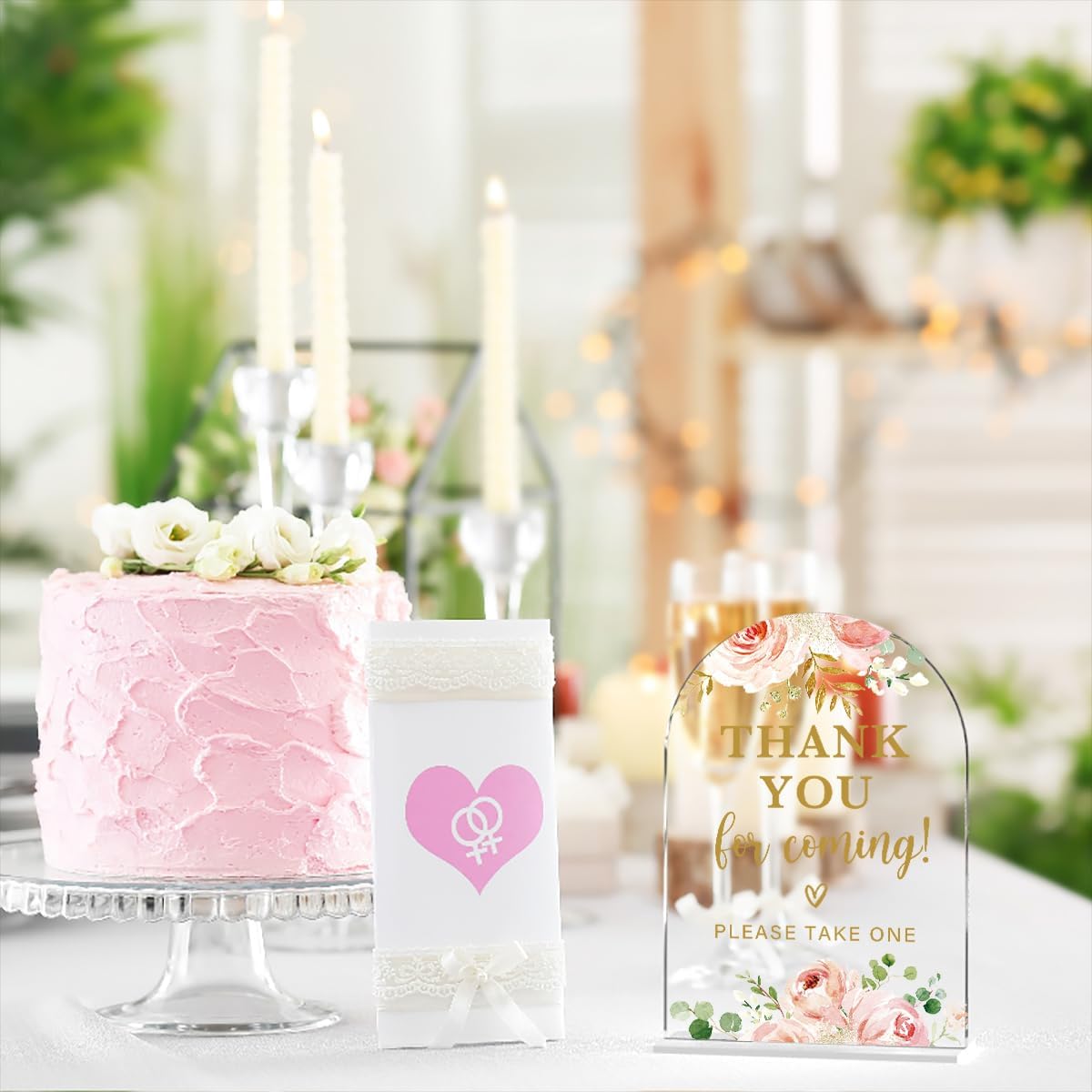 Acrylic Wedding Signs, Bridal Shower Decorations, Modern Calligraphy Arch Acrylic Table Top Sign for Wedding Reception and Engagement Parties - Thank You for Coming (Clear Pink Flowers)
