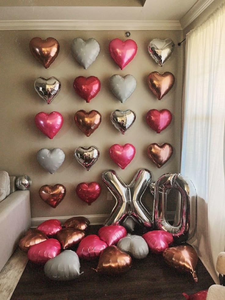 Rose Red Silver Heart Balloons, 18 Inch Light Pink and Silver Heart Shaped Balloon, 12PCS Hot Pink Helium Foil Love Balloons for Birthday Engagement Wedding Valentine Party Decorations