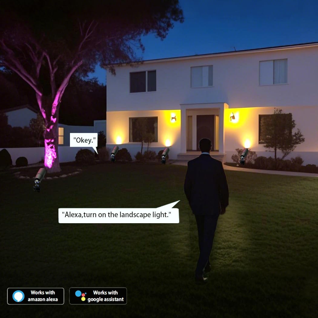 Smart RGB Low Voltage Landscape Lighting, 12V Color Changing Outdoor Spot Lights, Waterproof IP65 LED Garden Lights with App Control, Warm White to Multicolor, Uplight for Driveway (4Pack)