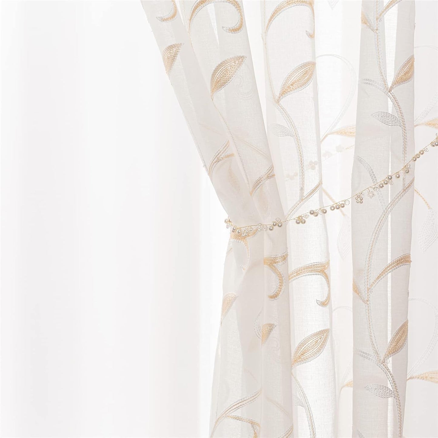 VISIONTEX White Sheer Voile Curtains, Decorative Beige Leaves Embroidery Faux Linen Rod Pocket Window Drapes for Home Kitchen, Living Room and Bedroom 54 x 72 Inch, Set of 2 Curtain Panels