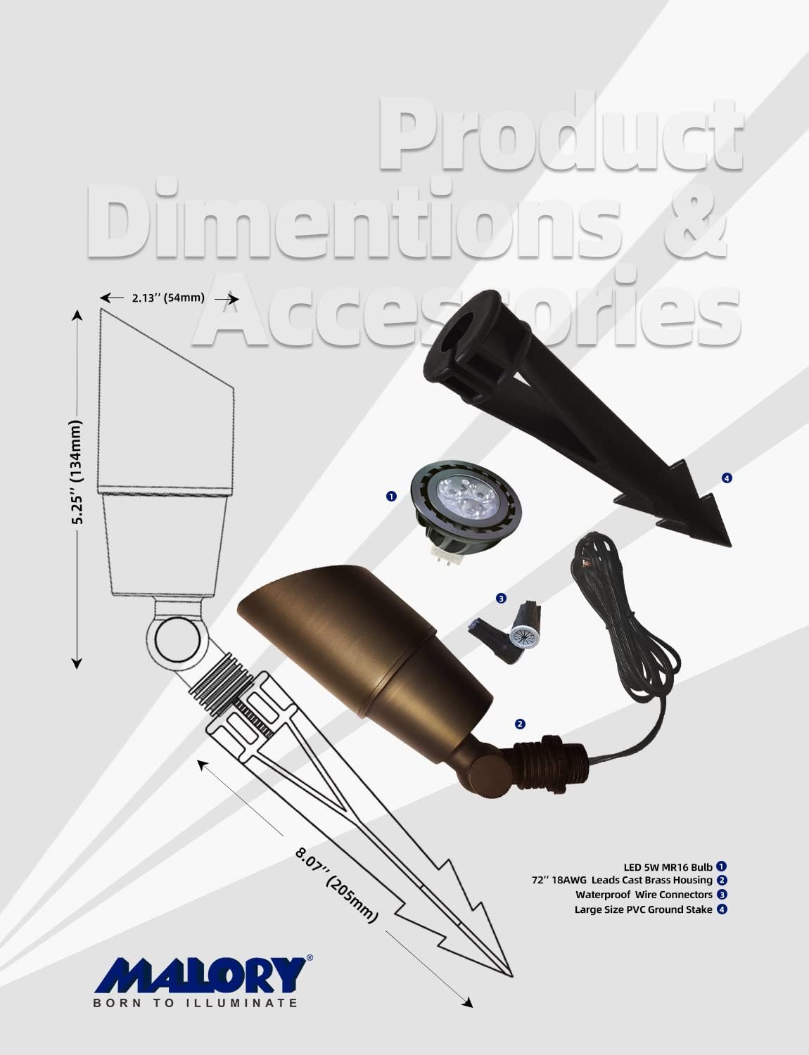 MALORY Brass Landscape Spotlight 1-Pack with Bulb(S01), Low Voltage 12V AC/DC LED Outdoor Landscape Lighting,PVC Ground Stake and Wire Connector Included, Garden Patio Trees Spot Uplight