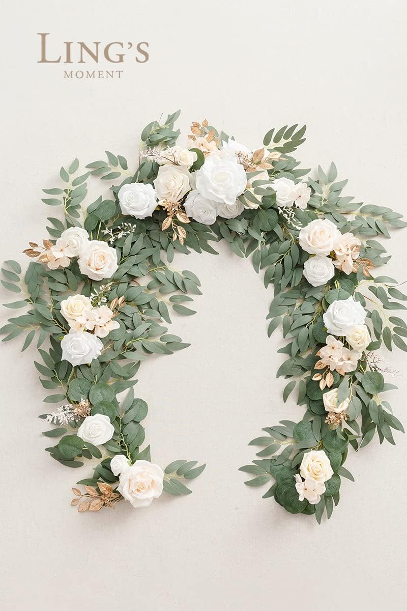 Ling's Moment Flower Garland - 6FT Eucalyptus & Rose - Sweetheart Table Decor for Wedding Reception, Artificial Silk Floral Garland for Mantle, Spring, Garden Christmas Decoration, White Beige