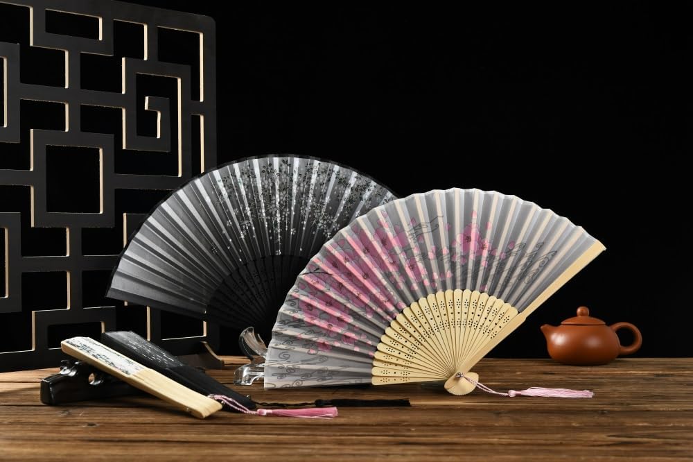 HUNANBANG 4 Pieces Oriental Bamboo Folding Hand Fans Church Wedding Gift, Party Favors, DIY Decoration Gift Size 8 1/4" Wholesale 10pack (Bamboo Assorted 4pack)