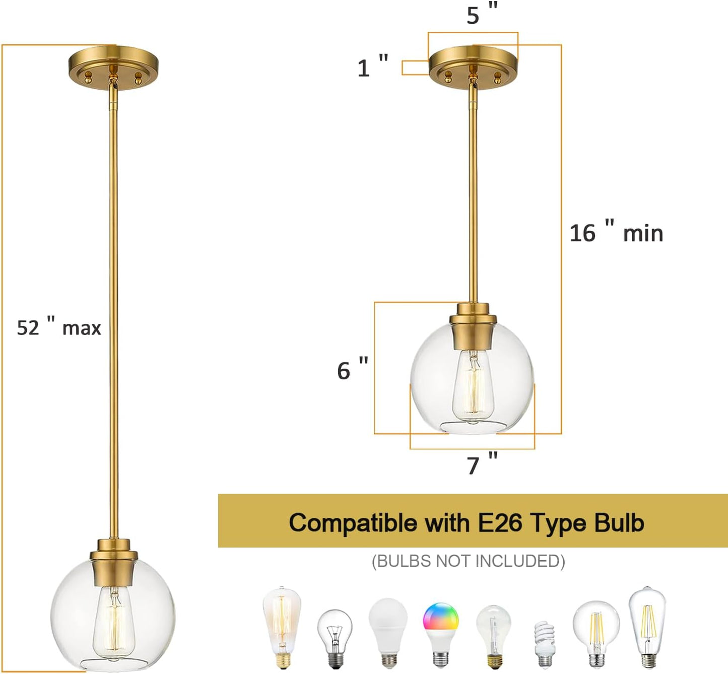 Globe Glass Pendant Lights Kitchen Island, Farmhouse Gold Pendant Lights with Clear Glass Shade,Adjustable Hanging Light Fixture for Dining Room, Entryway, Bedroom 2 Pack