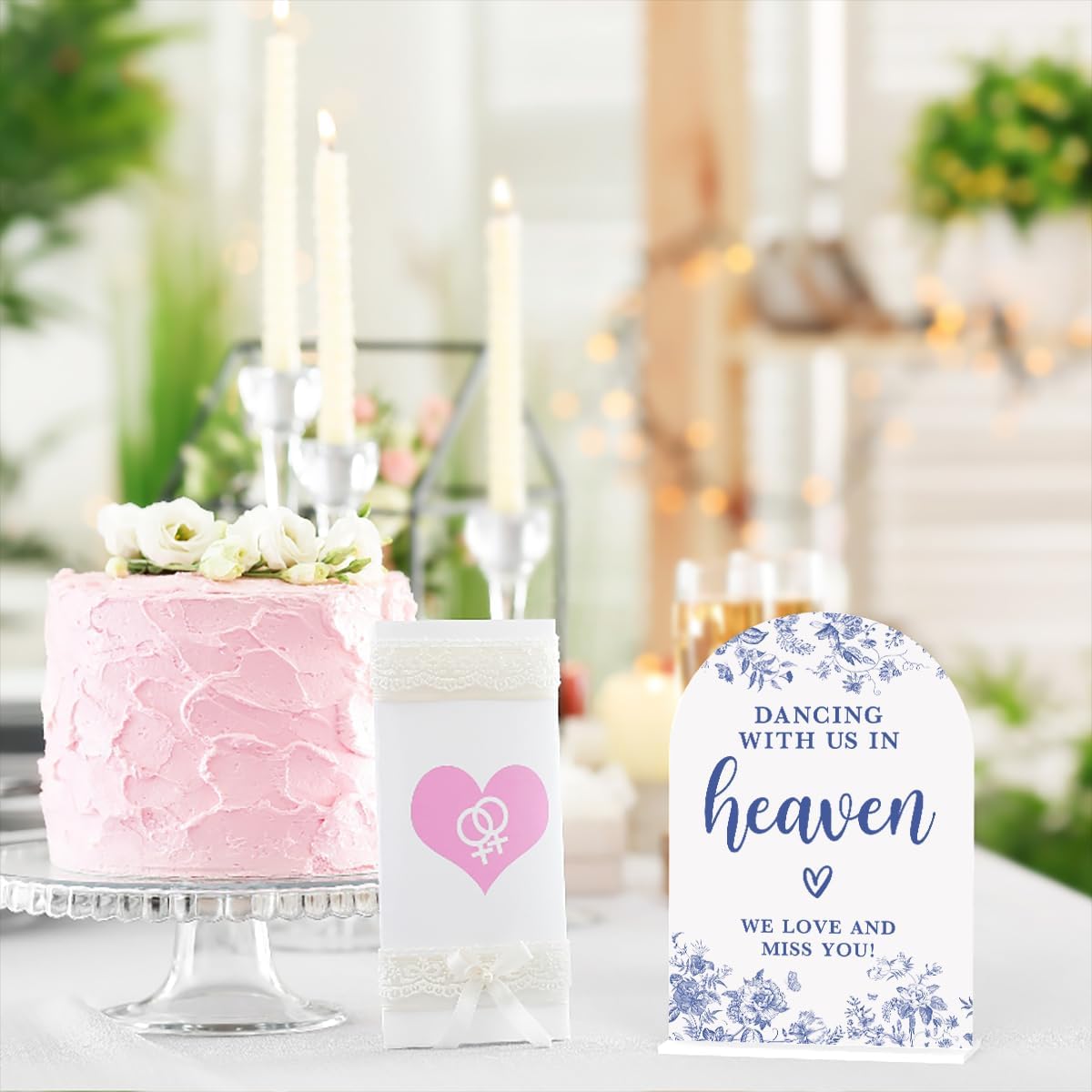 Acrylic Wedding Signs, Dusty Blue Wedding Decor, Blue Weddings Decor, Modern Calligraphy Arch Acrylic Table Top Sign for Weddings Parties Dinners - Dancing With Us in Heaven (White)