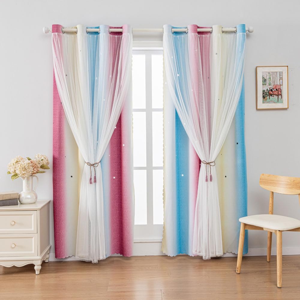 FANLI Ombre Rainbow Blackout Curtains for Kid Girls Bedroom Living Room Darking Stripe Double Layer Star Cut Out Wall Home Decor Gradient Grommet Window Curtains (Blue Purple 52Wx63L)