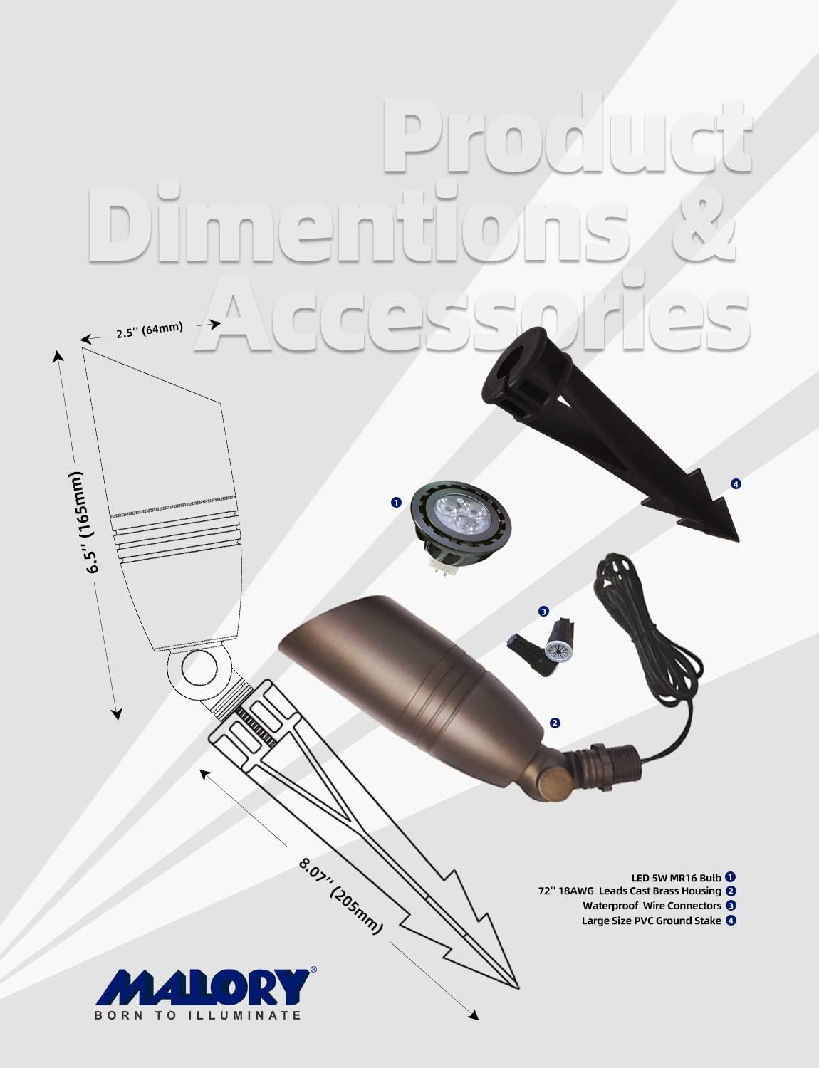 MALORY Brass Landscape Spotlights 4-Pack with Bulb Kit(S02), Low Voltage 12V AC/DC LED Outdoor Spot Uplights for House and Tree,PVC Ground Stake and Wire Connector Included, 5W 2700K Warm White