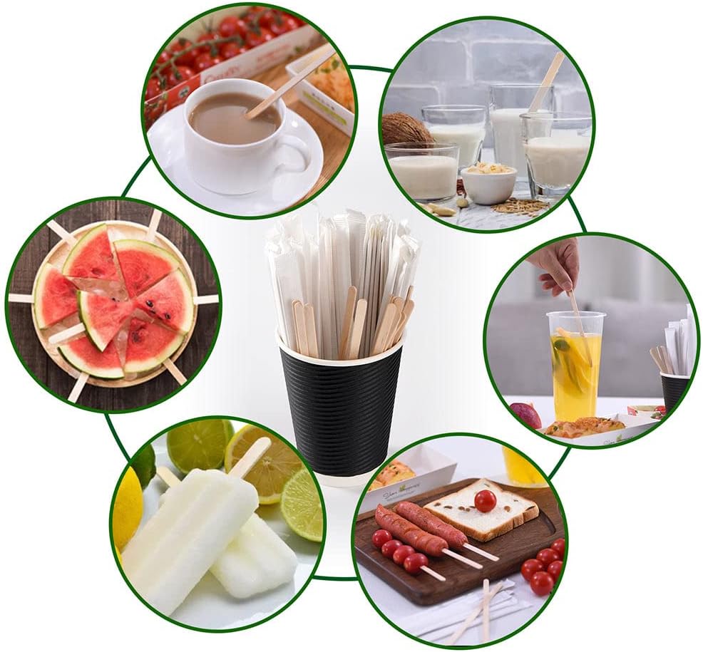 200pcs Individually Wrapped Coffee Stirrers Wood - 5.5" Coffee Stir Sticks, Round End Disposable coffee stirrer, For Coffee, Cocktail and Hot Drinks
