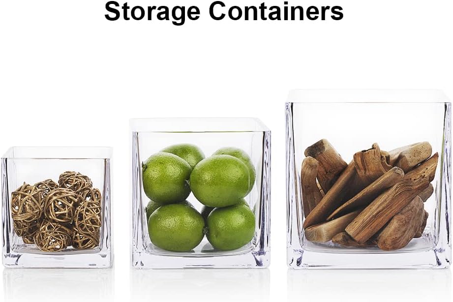 Enova Floral Set of 4 Cube Glass Vase, 5x5X5 Inch Glass Flower Vase Planter, Floating Candle Holders, Clear Square Glass Vases, Table Decorative Vase for Wedding Centerpieces, Home Office Décor