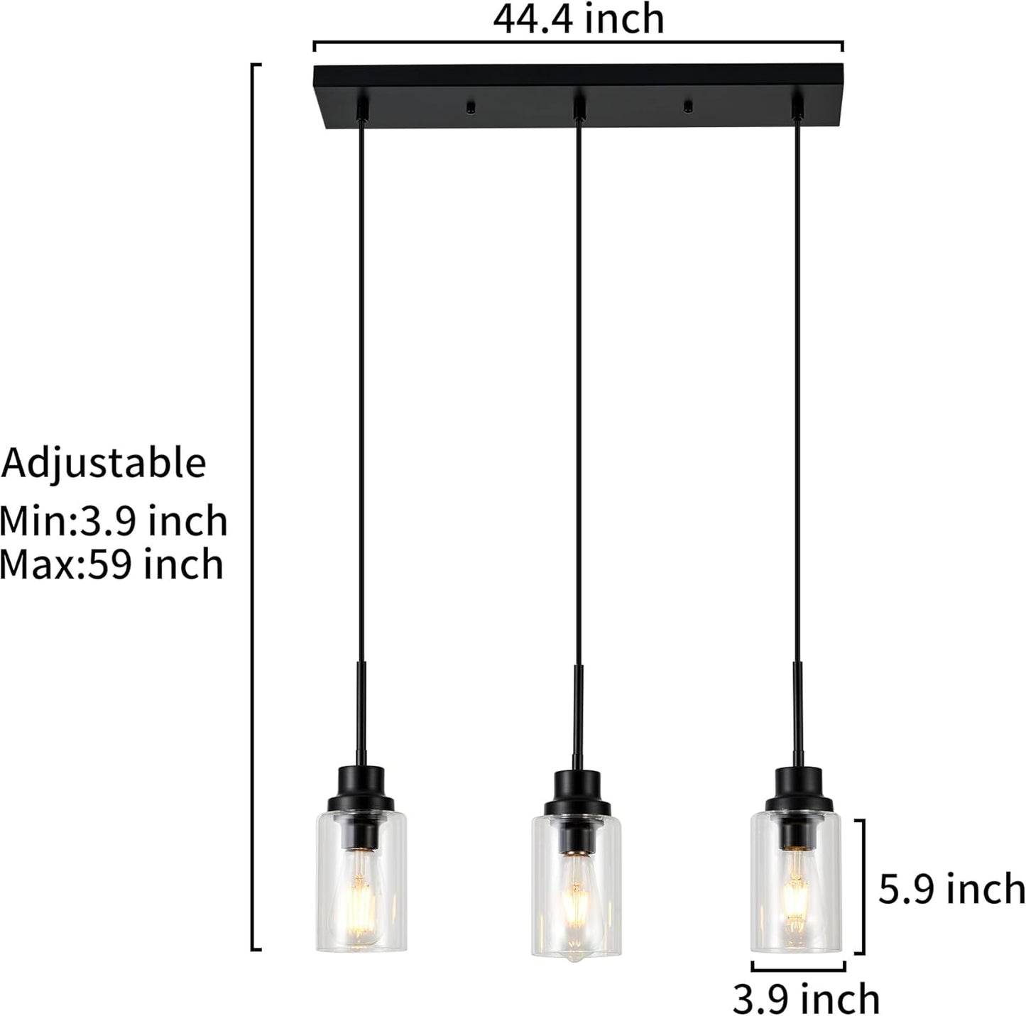 3-Lights Pendant Light Fixtures, Modern Black Kitchen Island Lighting with Clear Glass Shade, Adjustable Hanging Ceiling Lamp