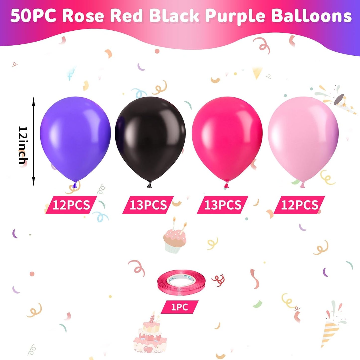 Pink Purple Black Balloons, Hot Pink and Purple Balloons, Matte Hot Pink Purple Black Macaron Pink Balloon for Girls Woman Party Birthday Gender Reveal Baby Shower Valentine Wedding Decorations