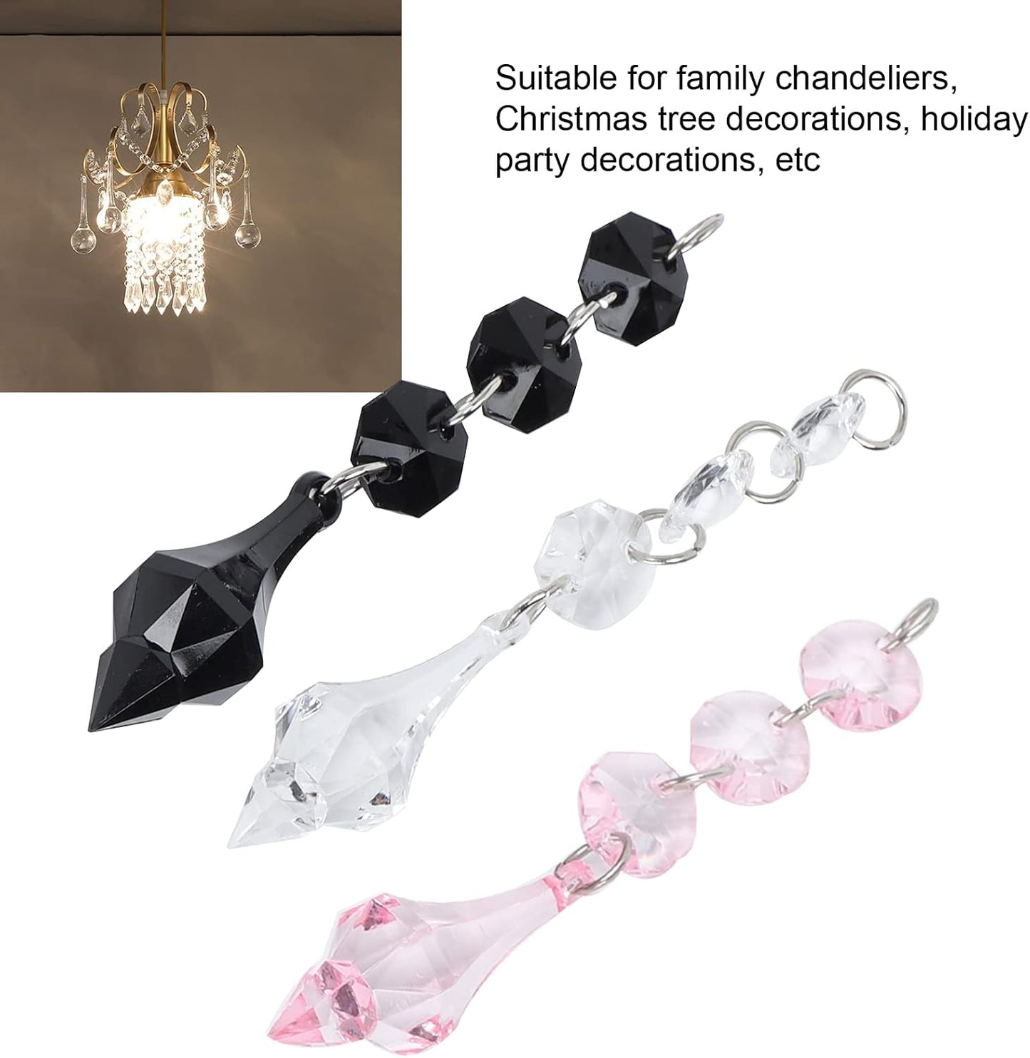 Buachois 10Pcs Clear Acrylic Crystal Ornament Beads Garland Chandelier Hanging Crystals for Wedding Party Celebration Christmas Tree Decor Black