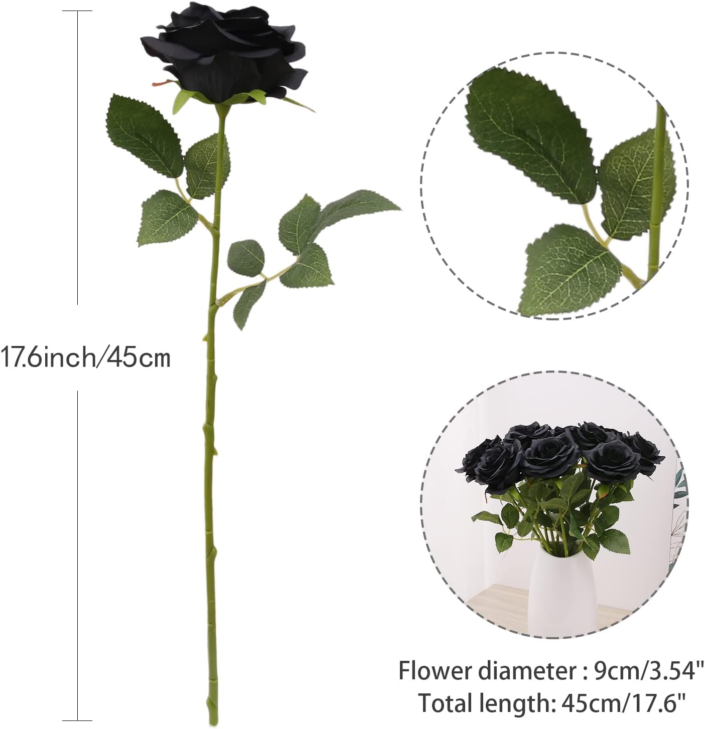 Artificial Rose 10pcs Open Flower Bouquet Black Faux Rose Stems for Wedding Arrangement, Bridal Bouquet, Centerpiece, Fake Faux Silk Flowers