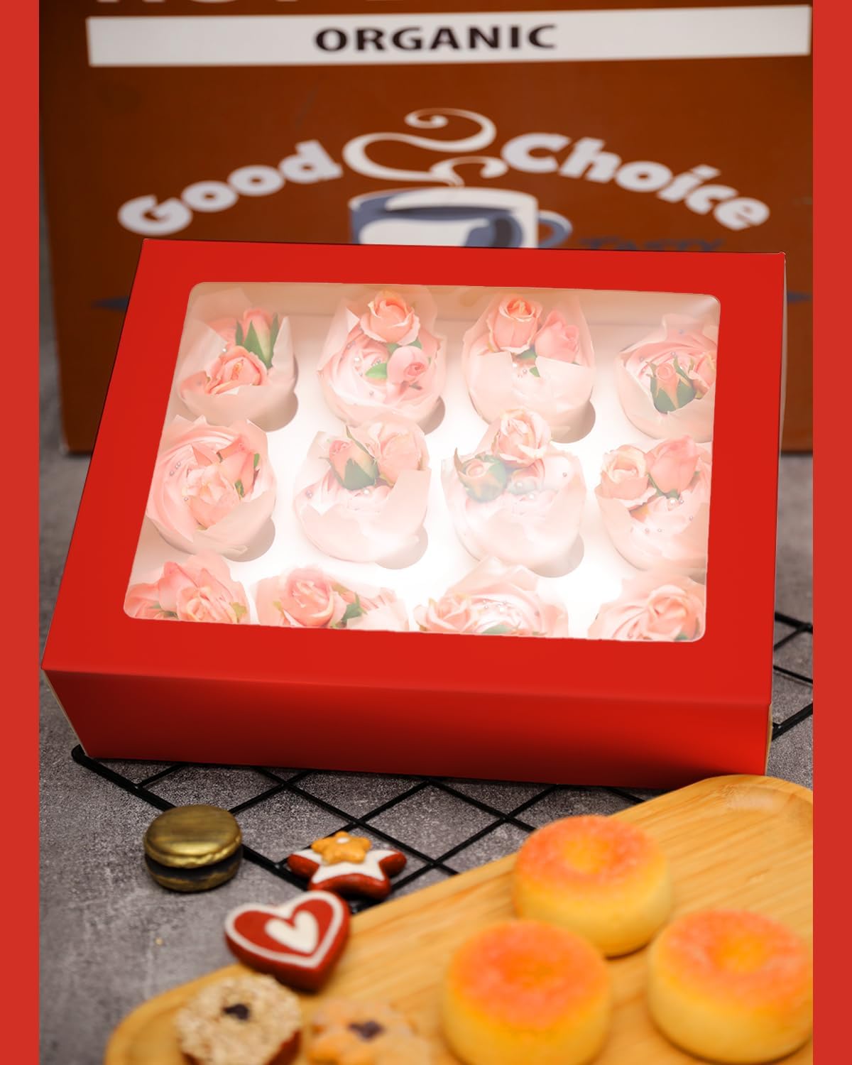Bakepacker 12 Cupcake Containers 10-Packs Red Cupcake Box Cupcakes Carrier, 12 Cupcake Boxes with Window 13"x10"x3.5"(Auto-pop up)