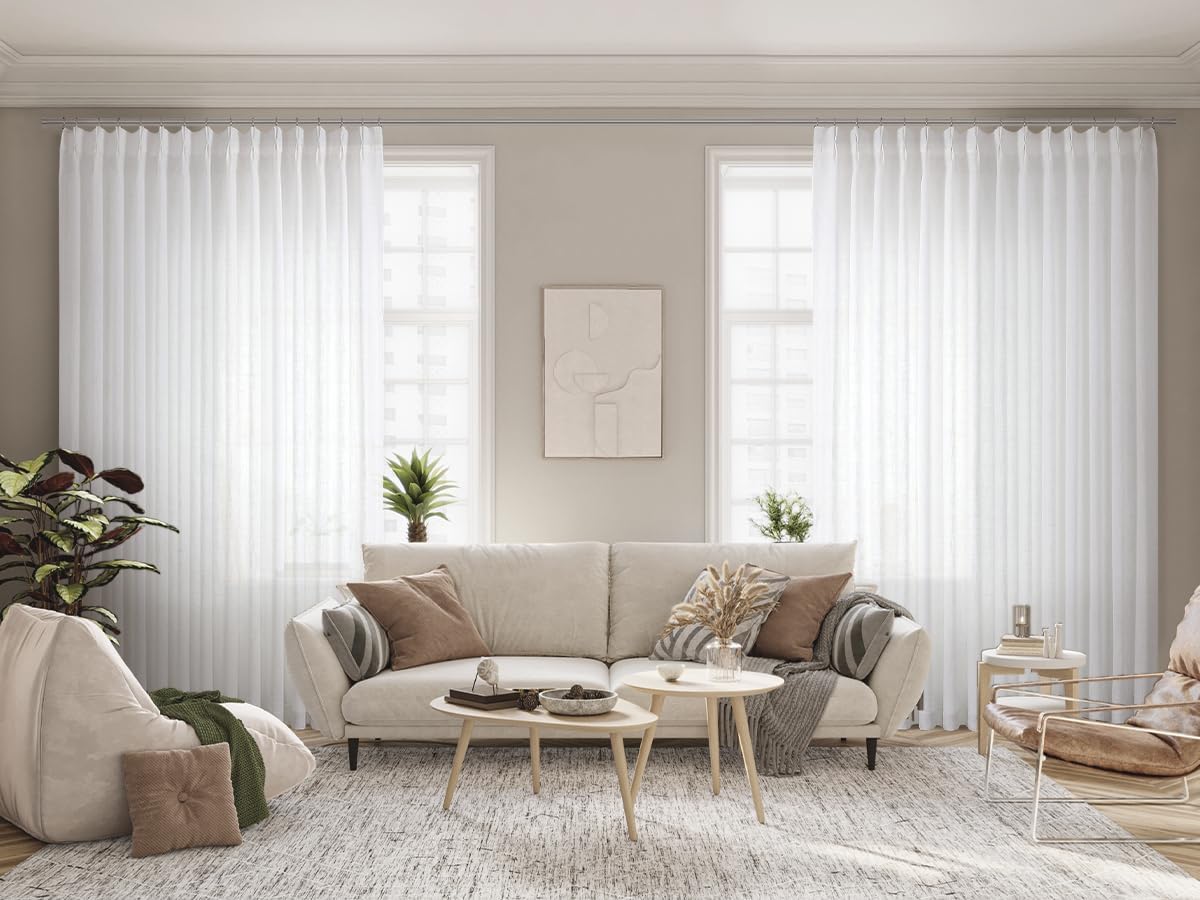 Vision Home White Pinch Pleated Semi Sheer Curtains Textured Light Filtering Window Curtains 120 inch for Living Room Bedroom Patio Rayon Blended Pinch Pleat Drapes with Hooks 1 Panel 10ft 80"Wx120"L