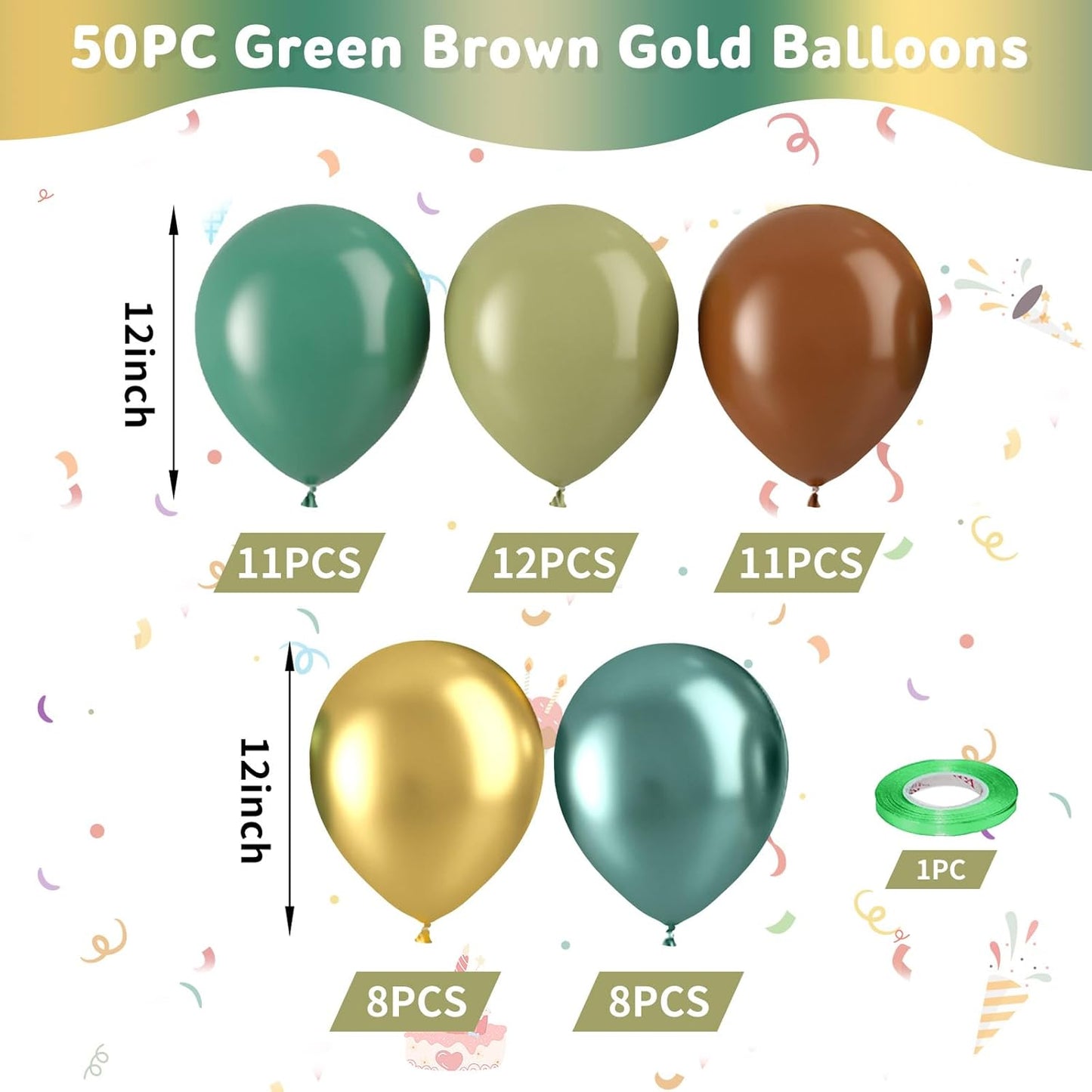 Green Brown Gold Balloons, 50PCS Green and Brown Balloons, Sage Metallic Gold Coffee Balloon for Birthday Baby Shower Safari Jungle Nature Forest Theme Party Wedding Bachelorette Decorations