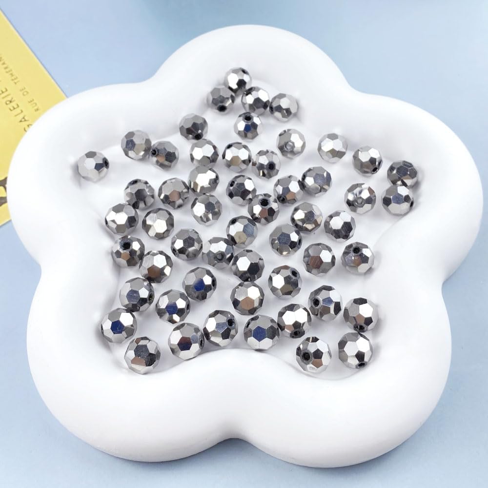 200 PCS 6mm Crystal Glass Beads Round Multiple Faceted Loose Spacer Glass Beads for DIY Handcrafte Bracelet Necklace Earring Jewelry Making(Silver)