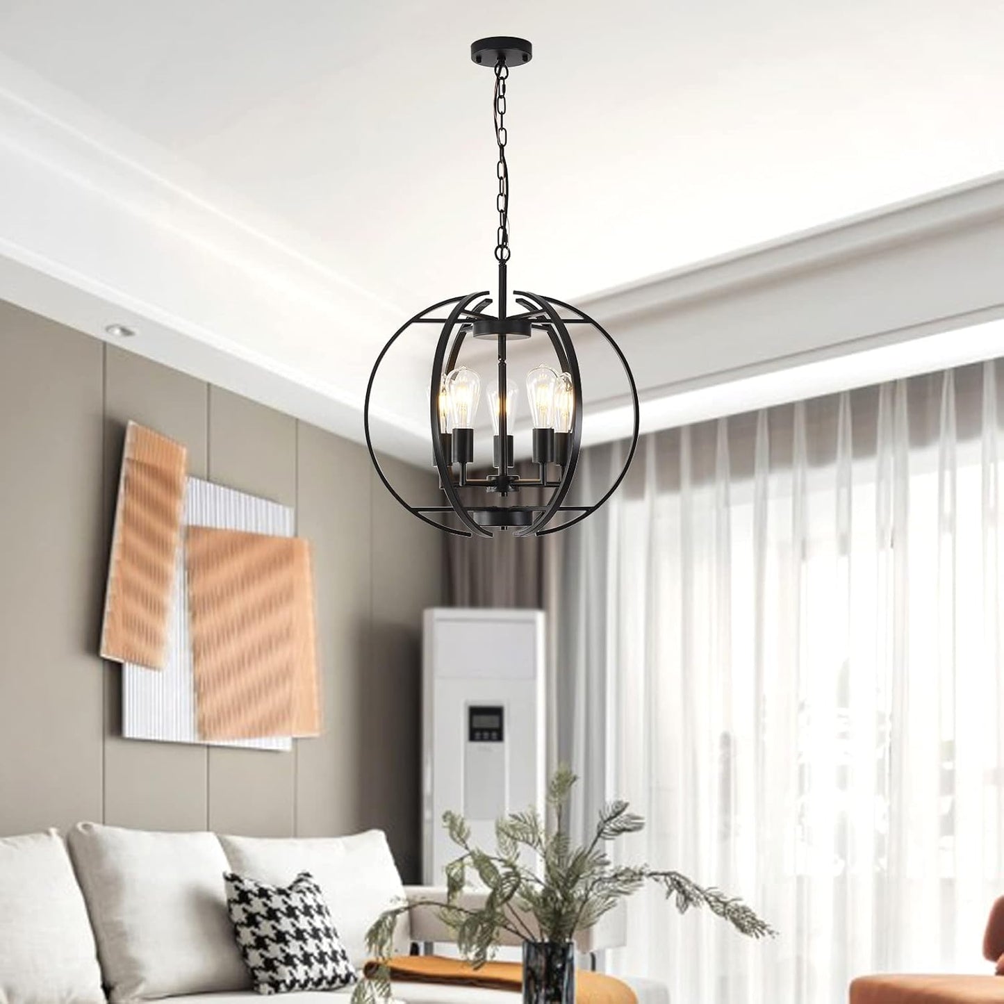 Large Lantern Globe Black Chandelier Lighting, Adjustable Hanging Ceiling Pendant 5 Light for Kitchen, Dining Room, Living Room, Hallway, Bedroom