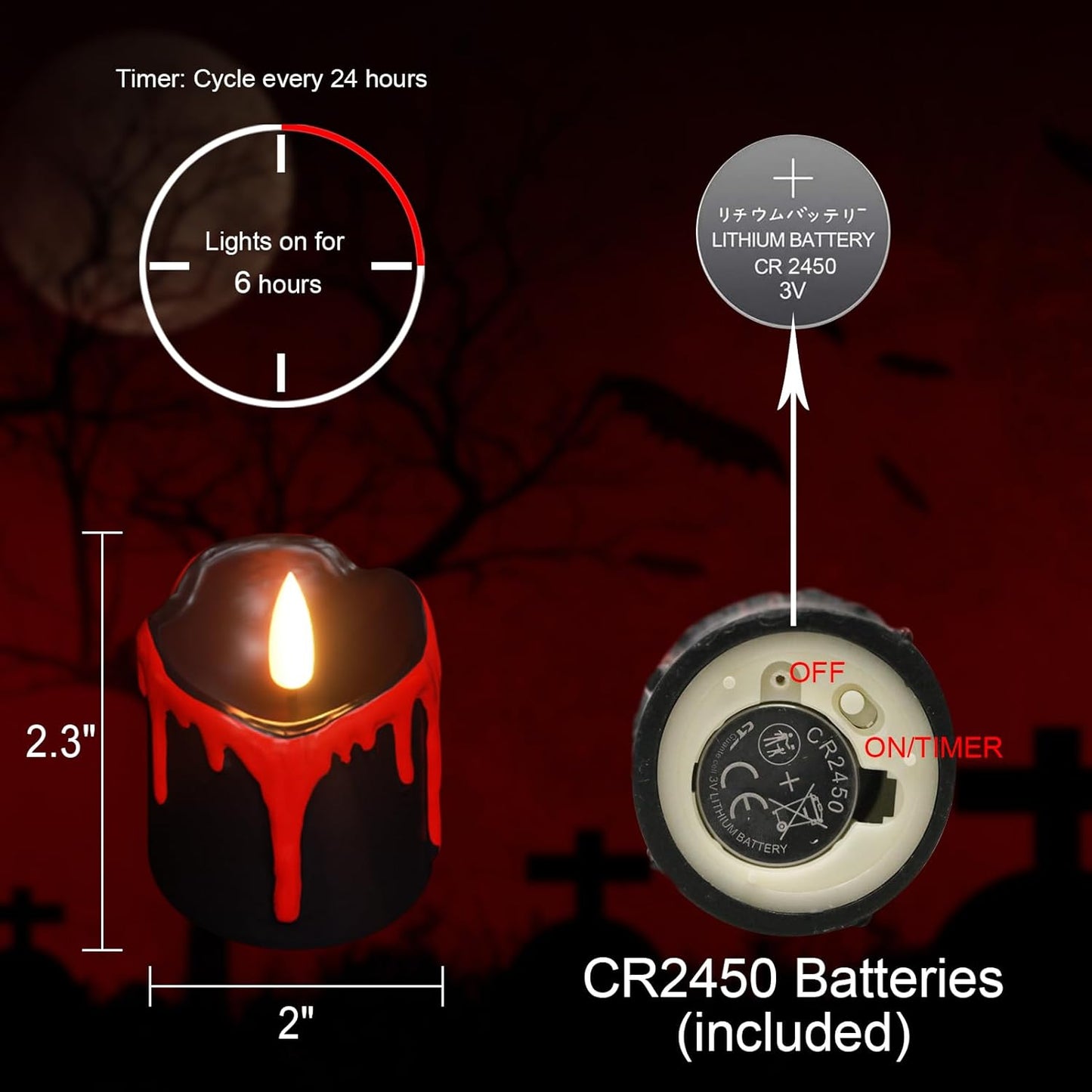 Halloween Black Votive Candles Battery Operated with Long Lasting CR2450 Batteries, LED Flameless Flickering Candles with 6H Timer, 6Pcs Black and Red Drip Wax Candle Gothic Home Decor