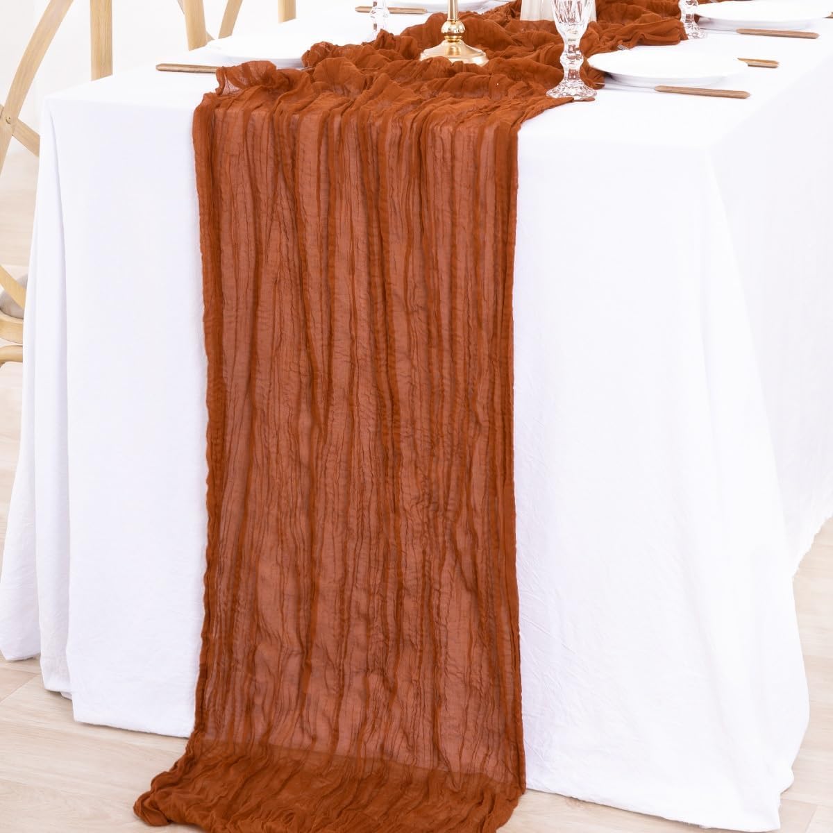 MLMW Fall Thanksgiving Table Runner Cheesecloth Autumn Harvest Rust Terracotta Cheese Cloth Boho Gauze 160 inch Table Runner 13.3ft for Wedding Party Baby Bridal Shower Birthday