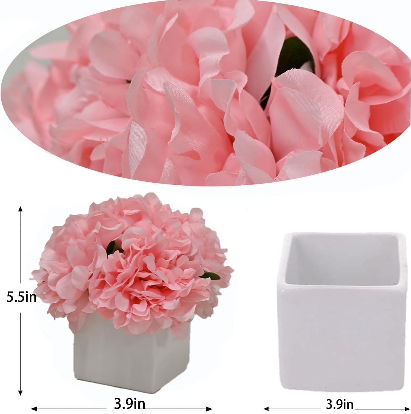 LADADA Artificial Flowers in Square White Ceramic Vase, Fake Peony Bouquet, Artificial Flower Arrangement for Home Decoration (Pink)