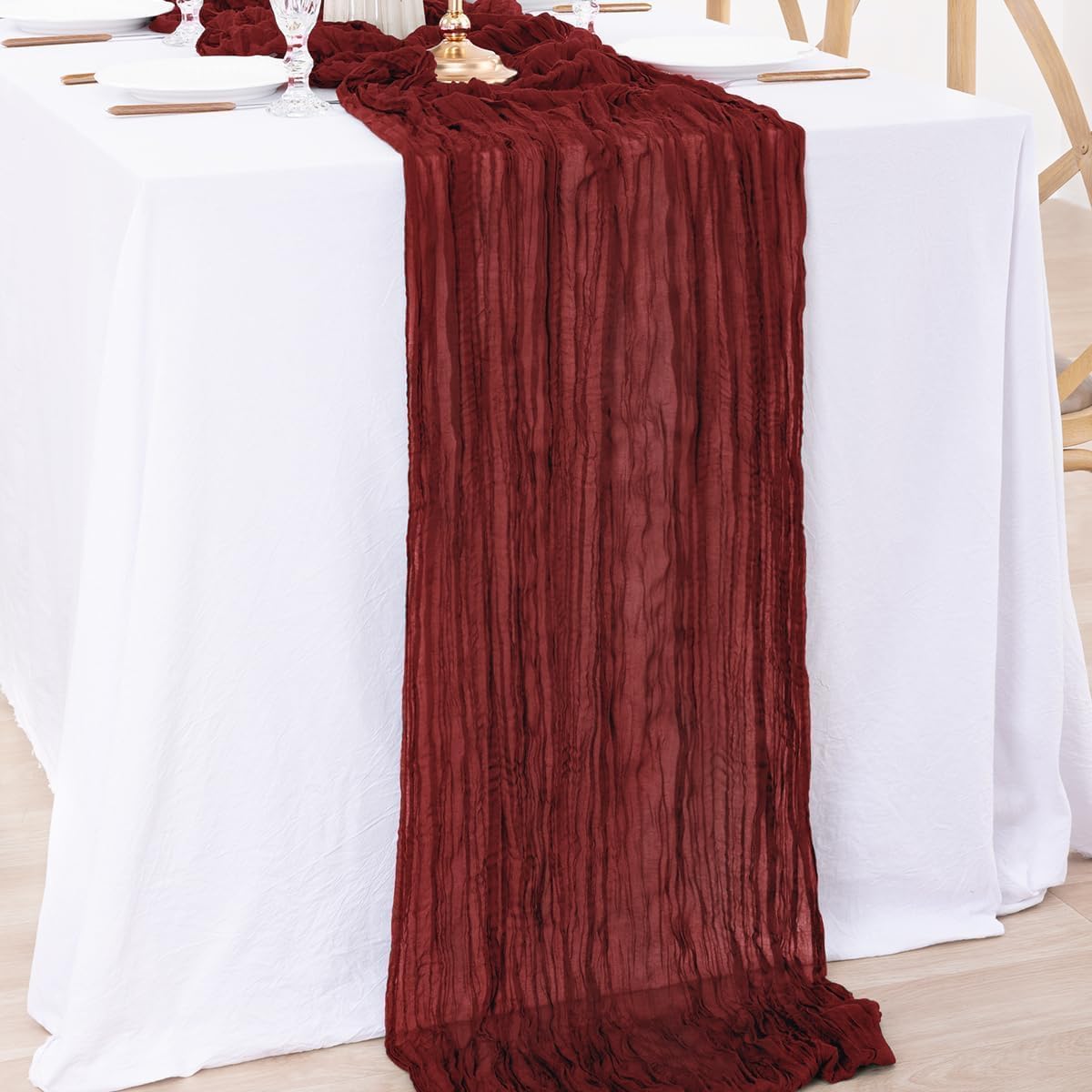 MLMW 10 Pack Christmas Table Runner Cheesecloth Burgundy Boho Cheese Cloth 160 inch Gauze Rustic Sheer Table Runner 13.3ft for Party Wedding Baby Bridal Shower Birthday