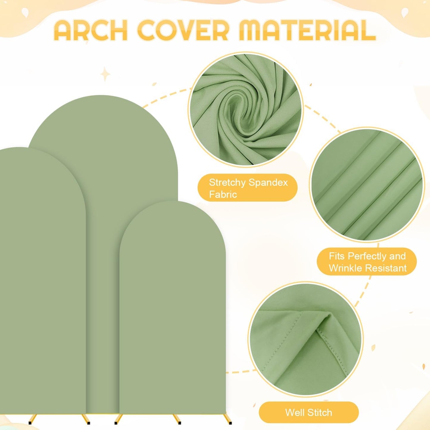 FUHSY Set of 3 Wedding Arch Backdrop Stand and Cover Set 7.2FT, 6.6FT, 6FT Metal Arch Backdrop Stand with Sage Green Spandex Arch Stand Cover Wedding Arches Frame for Birthday Bridal Baby Shower Event