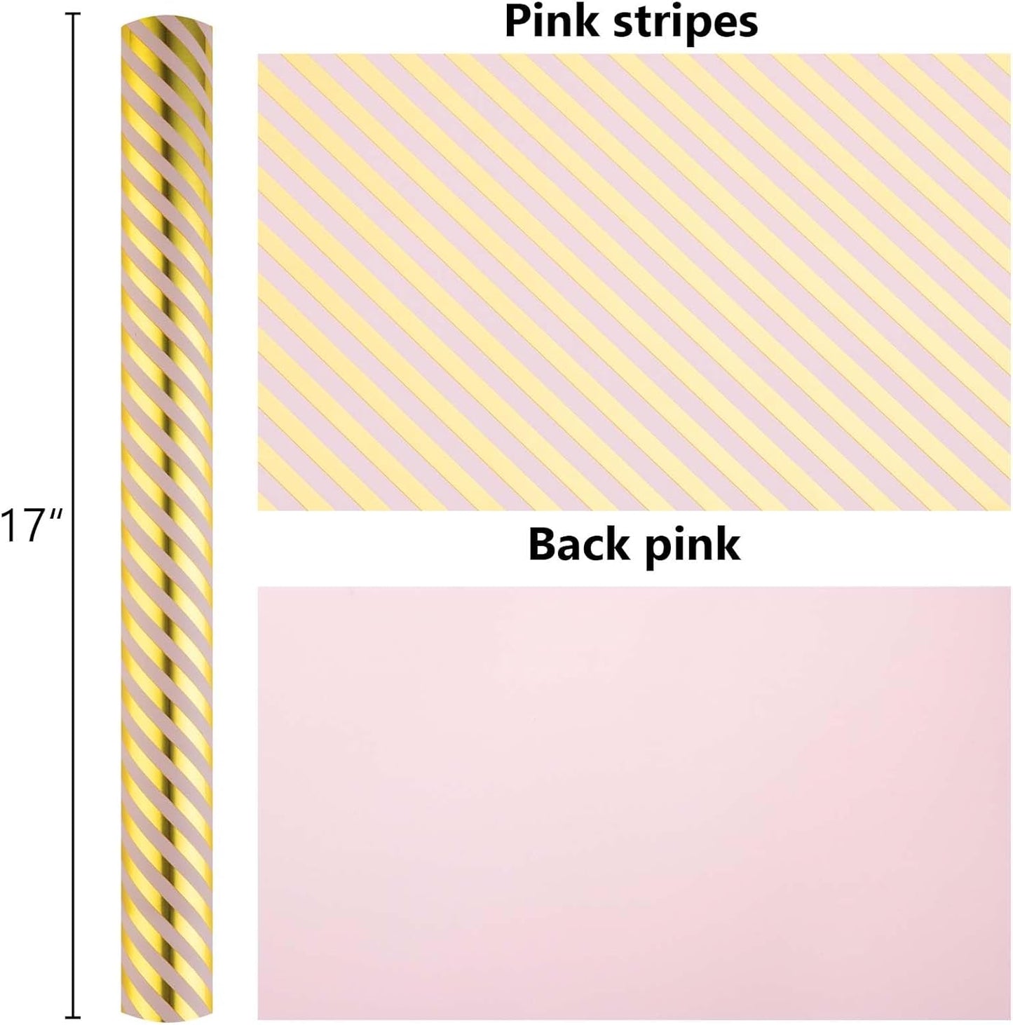 Burymento Pink and Gold Stripes Wrapping Paper, Reversible Pink Gift Wrap for Birthday, Valentines, Mothers day, Graduation, Wedding, Fathers day, Baby Shower, Christmas (17in x 32.8ft)