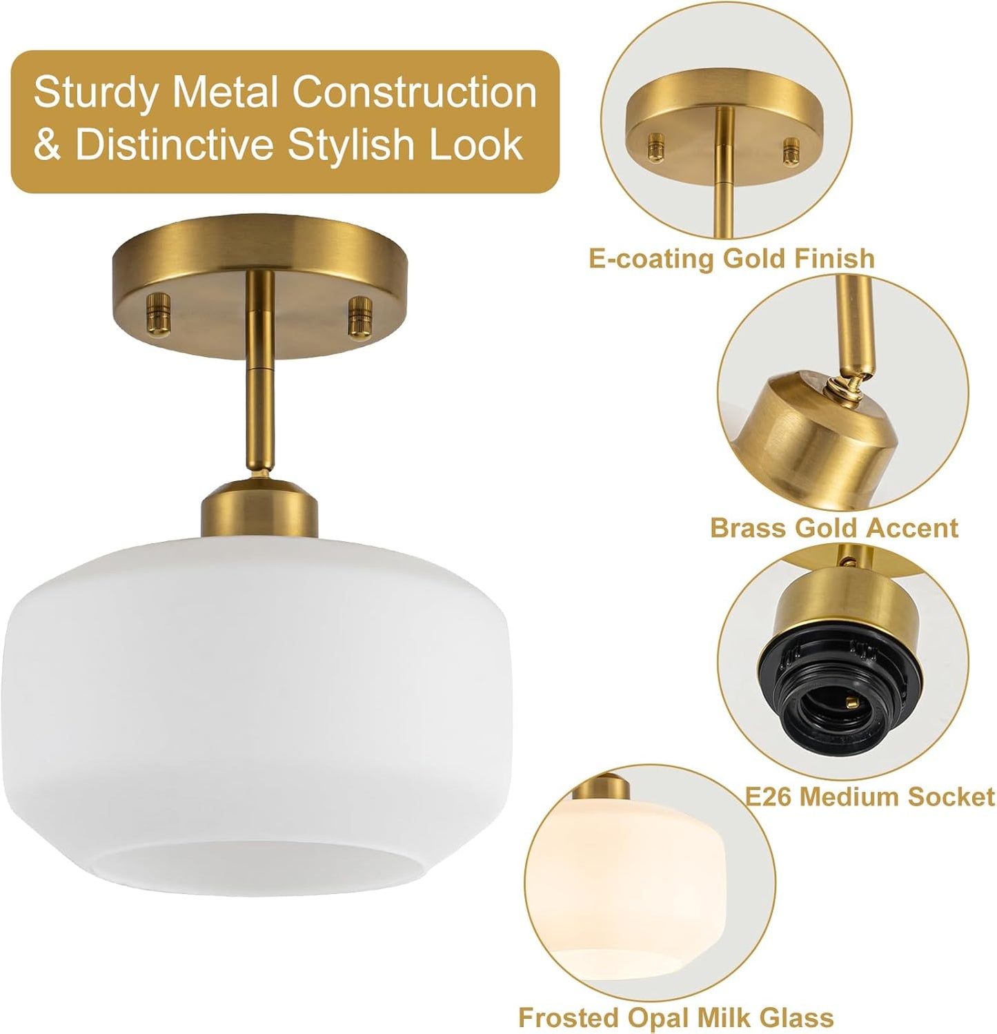 Tbaoinal semi Flush Mount Ceiling Light Fixture Adjustable Hanging Brass Gold Light Fixture 8.66" Modern Frosted Opal Milk Glass Shade Sloped Ceiling Adaptable for Hallway Light fixtures Entryway