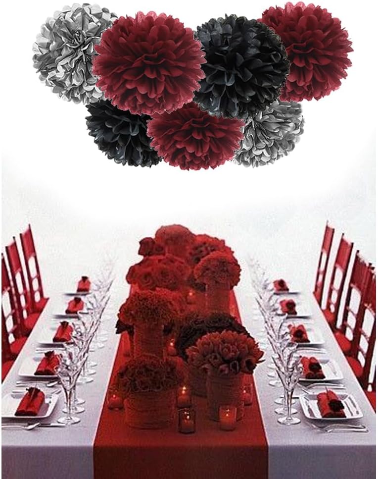Burgundy Silver Black Tissue Paper Pom Poms Flower for Birthday Wedding Graduation Retirement Party Decoration, 12pc