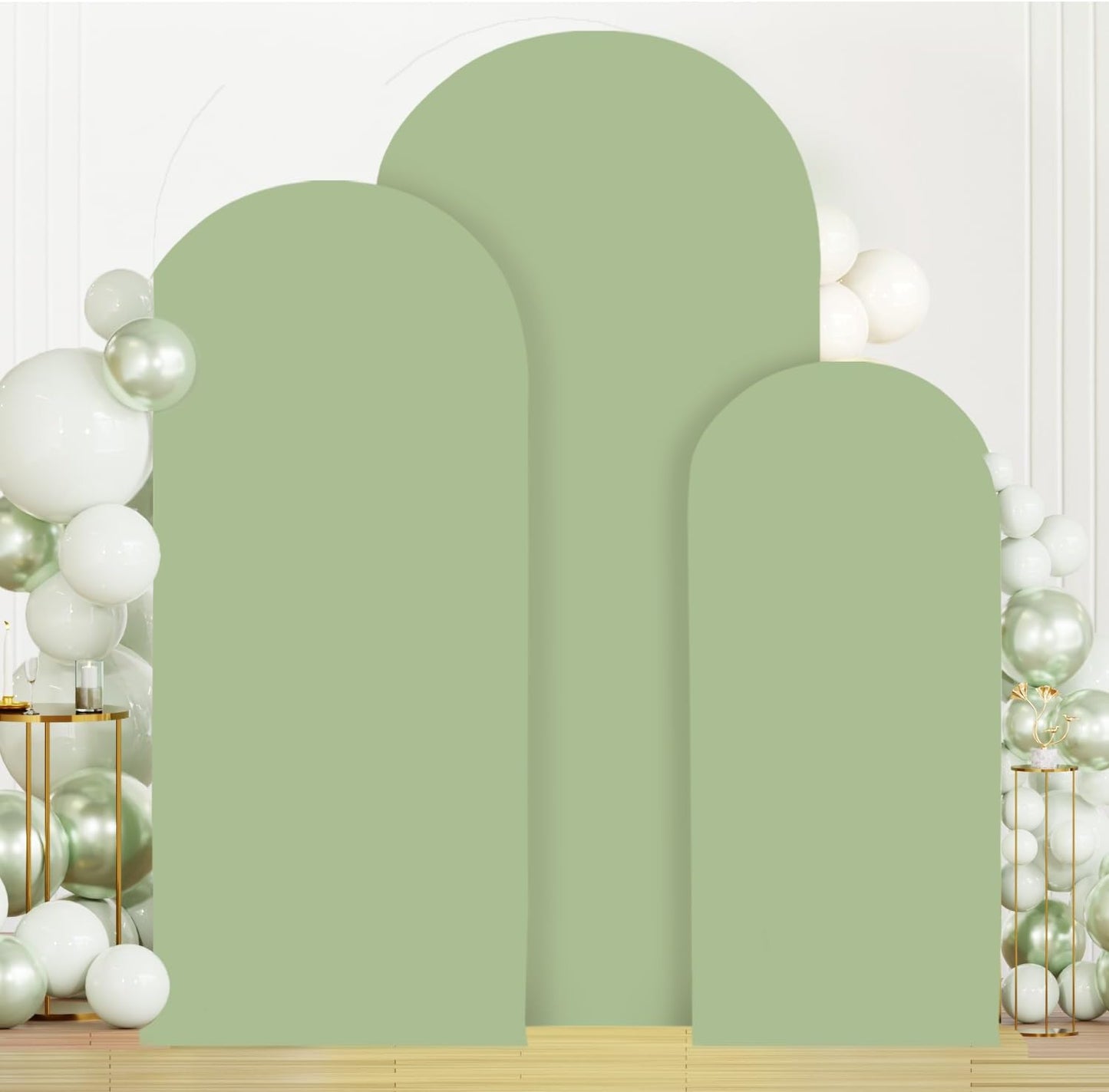MODFUNS Metal Arch Backdrop Stand and Cover Set 6&6.6&7.2ft Sage Green Arch Backdrop Covers Gold Wedding Arch Stand Set of 3 Spandex Arched Covers for Party Birthday Banquet Wedding Decoration