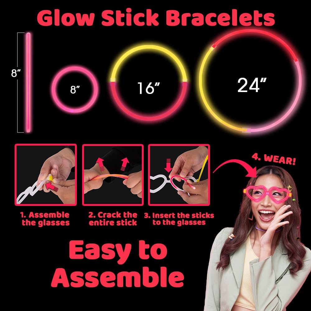 ArtCreativity Glow in the Dark Bracelets and Glasses - Includes 20 Heart-Shaped Frames, 60 Glowsticks, and 60 Connectors - Glow in the Dark Party Supplies in Assorted Colors - Glow Party Favors