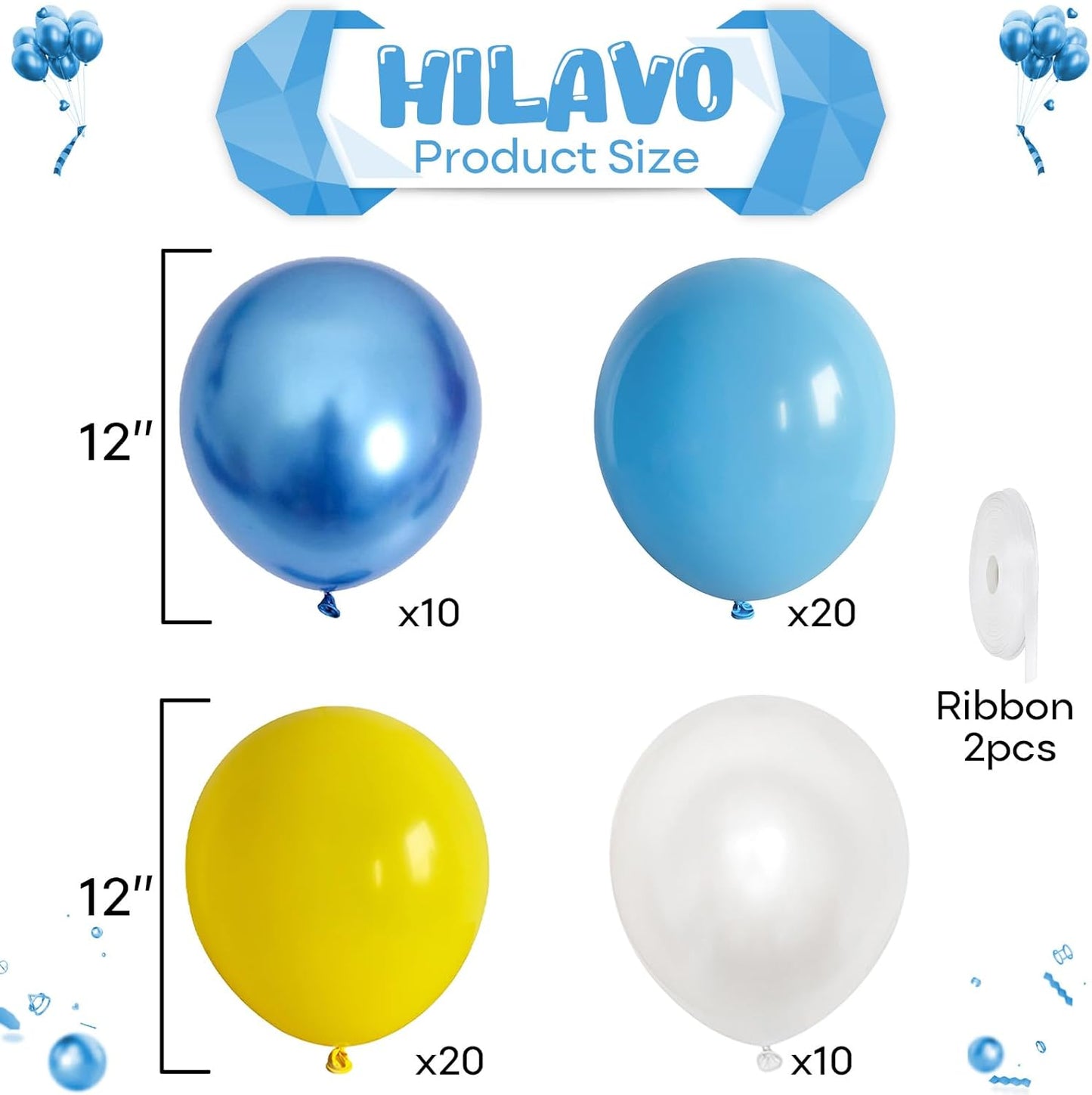 Blue and Yellow Balloons Set, 60Pcs 12 Inch Lemon Yellow Pastel Baby Sky Metallic Blue White Latex Balloons for Birthday Baby Bridal Shower Cartoon Party Deocrations Supplies