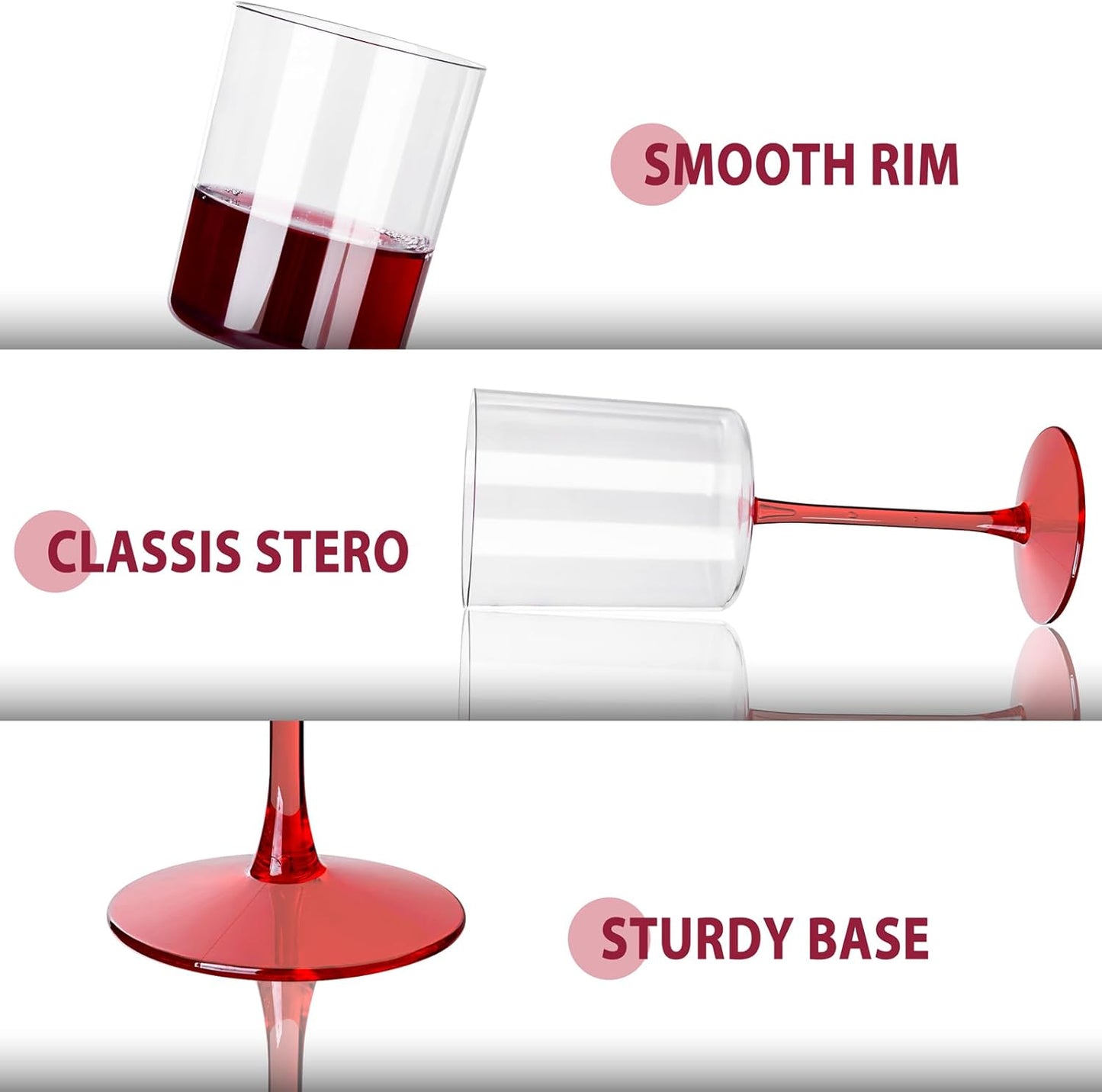 Ciaell 12 Pack 10 Oz Clear Plastic Wine Glasses with Red Stem - Disposable Cocktail Goblets Perfect for Parties & Weddings & Poolside & Outdoors & Camping & Party & Christmas
