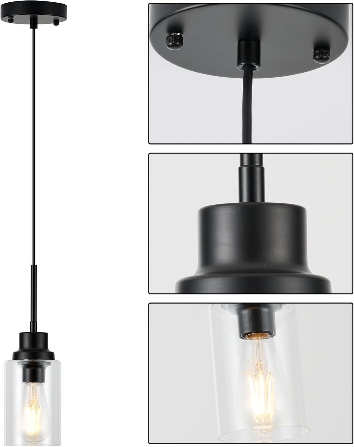 Island Lights for Kitchen,Modern Black Farmhouse Clear Glass Cylinder Pendant Light Fixture,Mini Pendant Lighting for Kitchen Island