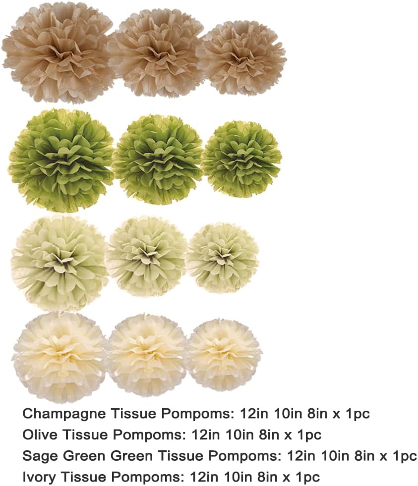 Sage Green Olive Ivory and Champagne Tan Tissue Paper Pom Poms Flower for Baby Shower Spring Summer Jungle Birthday Wedding Graduation Party Decoration, 12pc