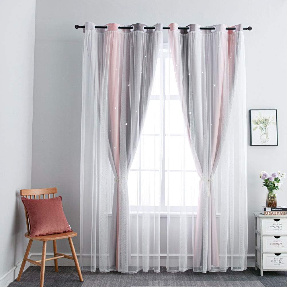 FANLI Ombre Rainbow Blackout Curtains for Kid Girls Bedroom Living Room Darking Stripe Double Layer Star Cut Out Wall Home Decor Gradient Grommet Window Curtains (Pink/Grey, 52W x 63L)