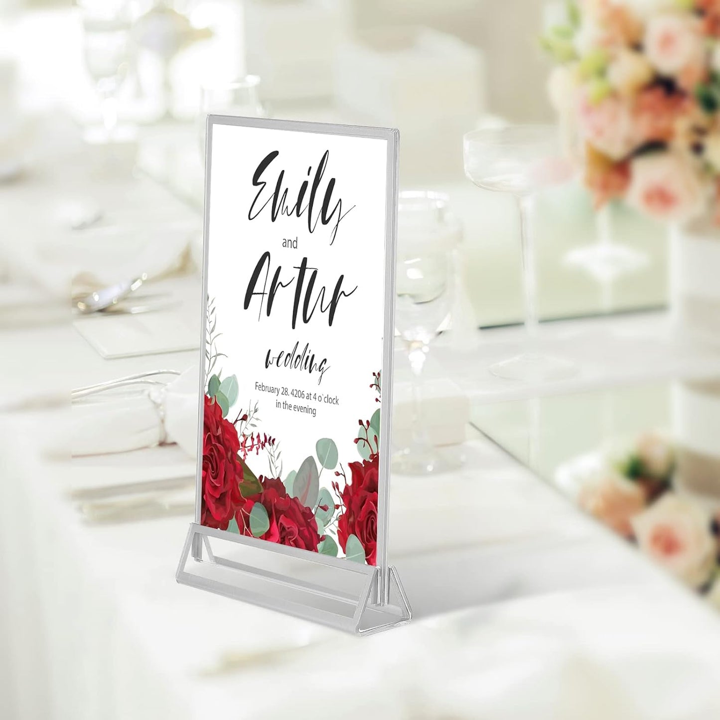 Blulu 12 Pack Acrylic Sign Holder Double Sided Picture Frame Wedding Table Number Stands with Border and Vertical Clear Display Menu Holders for Wedding Party Restaurant(4 x 6 Inch,Silver)