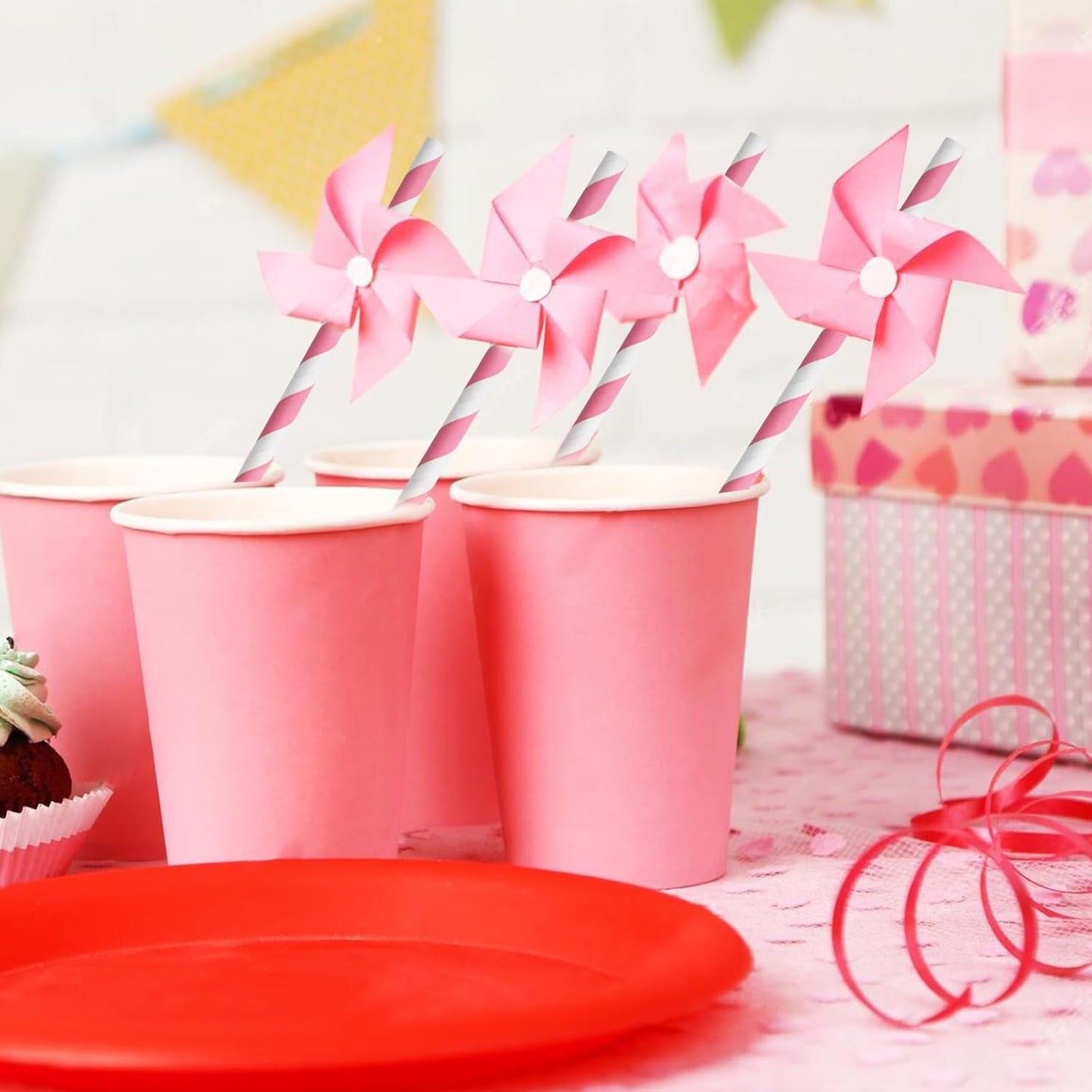 Pink White Striped Paper Drinking Straws 7.75 inch 100 Counts - for Cocktail, Party, Wedding, Baby Shower, Decoration, Crafts