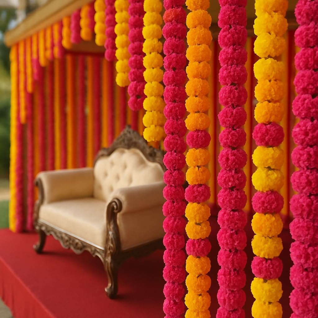 Marigold Garlands for Decorations - Wedding, Halloween, Day of The Dead Pack of 5 - Indian Decor for Pooja, Flower Garland for Decoration (4 to 4.5 Ft) Hashcart®