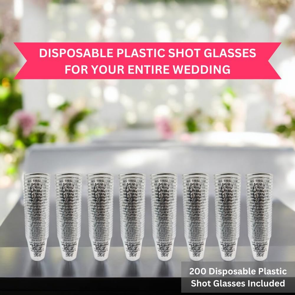 Disposable Plastic Wedding Shot Glasses, 200 Pack, 'We Tied the Knot Now Take a Shot' with Ring Design, Perfect for Weddings, Bridal Showers, Engagement Parties