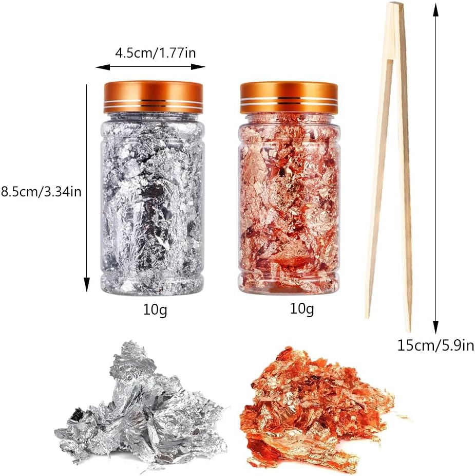 Gold Flakes for Resin, 2 Bottles 10g Imitation Golden Foil Gilding Flake Metallic Leaf for Cake Decoration Chocolate Making Nails Painting Art Crafts with Bamboo Tweezers (Silver, Copper Colors)