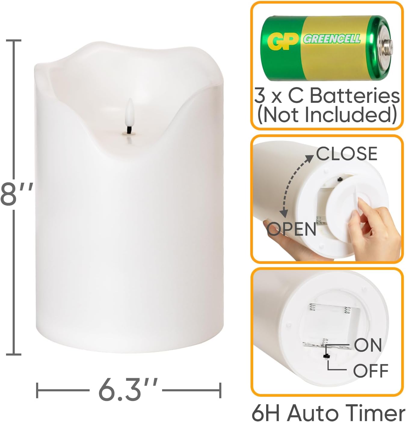 Homemory 6.3" x 8" Extra Large Outdoor Waterproof Candle with Auto 6-Hour Timer, Big Flameless Candle, Extra Wide and Tall Pillar Candle Battery Operated, White Plastic Made, Long Last for Months