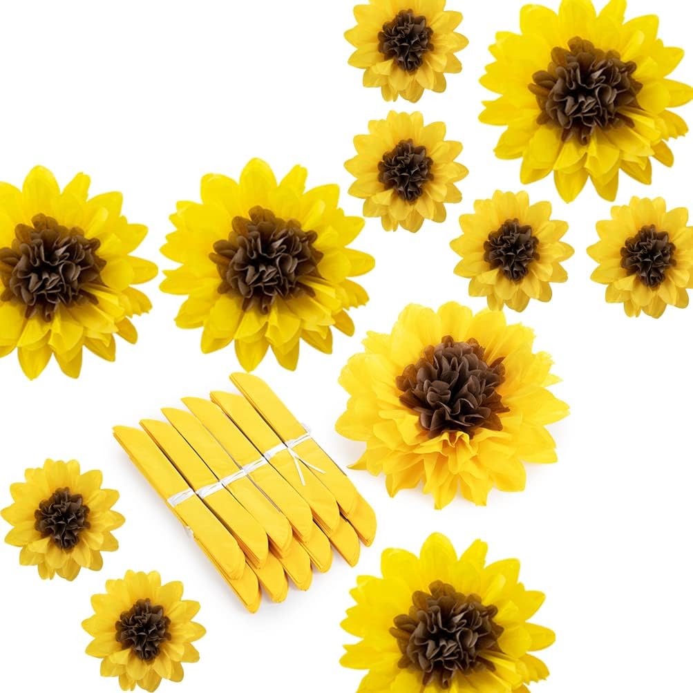 Sunflower Pom Poms Tissue Paper Flower for Baby Shower Birthday Wedding Mother's Day Party Decoration,12 Counts